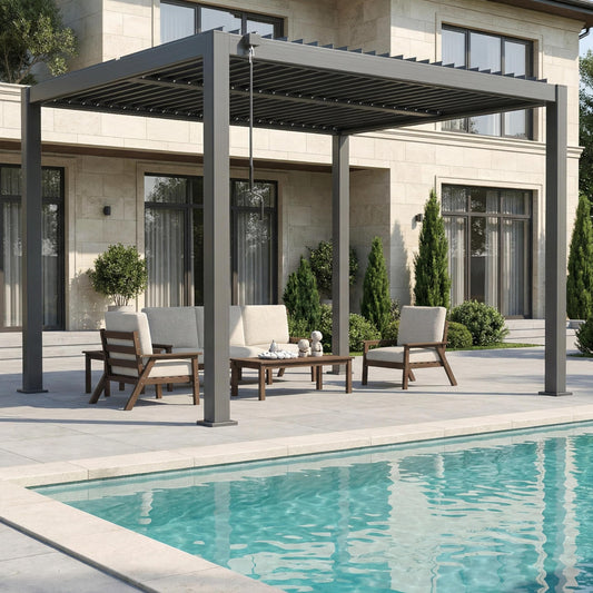 Patio Kingdom 10' x 10' Louvered Pergola Outdoor Aluminum Pergola Kit with Adjustable Roof, All-Weather Metal Gazebo with Drainage System for Patio, Deck, Garden and Backyard Shade, Gray