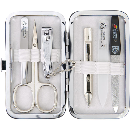 3 Swords Germany - Brand Quality 6 piece Manicure Pedicure Grooming kit Set - Scissors, Metal and Glass Nail File, Clipper, Tweezers with Synthetic Leather case - White