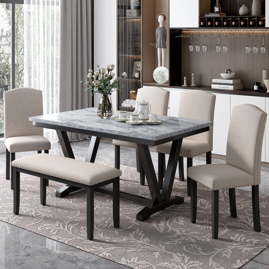 Ball & Cast 6 Piece Dining Table Set with 4 Chairs & 1 Bench,Living Room Furniture W/ 60" Rectangle Marbled Veneers Tabletop Kitchen Desk,for Restaurant,Home Bistro,White