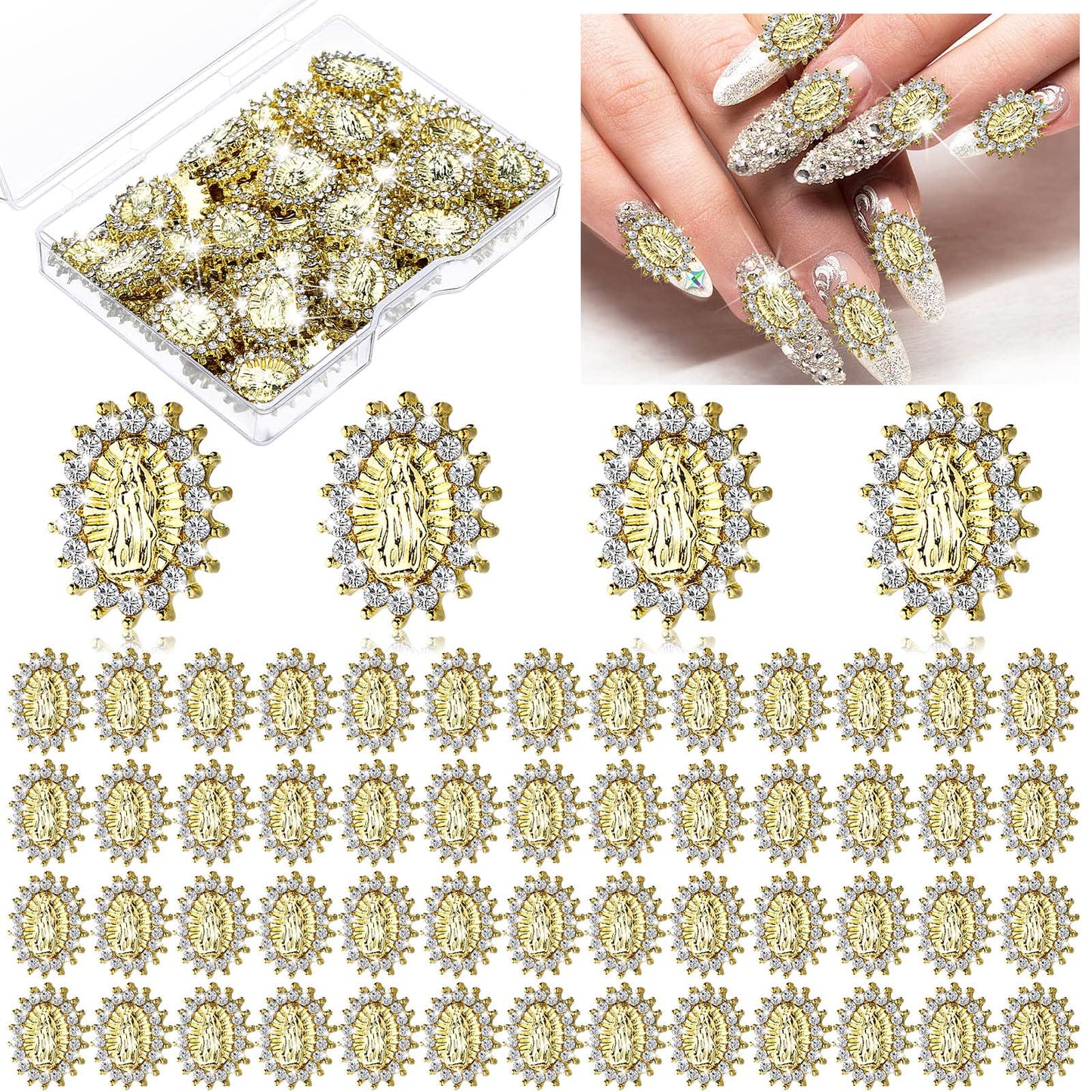 Lounsweer 50 Pcs Mini Virgin Mary Nail Charms for Women 3D San Judas Mary Gems Shiny Zircon Alloy Jesus Art Charms Metal Buddha Gold Nail Jewels Gems Religious Rhinestones Accessory