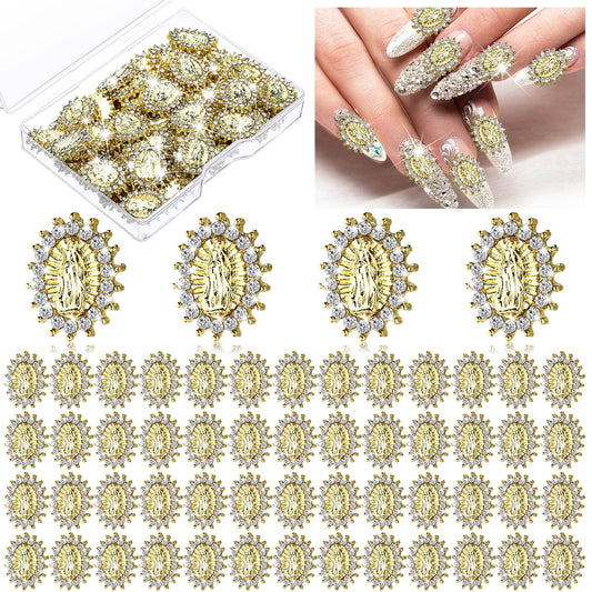 Lounsweer 50 Pcs Mini Virgin Mary Nail Charms for Women 3D San Judas Mary Gems Shiny Zircon Alloy Jesus Art Charms Metal Buddha Gold Nail Jewels Gems Religious Rhinestones Accessory