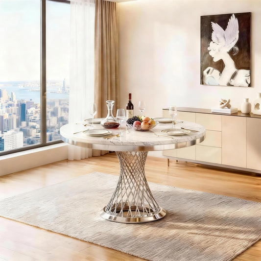 GlyphForm 47" Round Faux Marble Dining Table for 4 to 6, Luxury Modern White Kitchen Table with Silver Stainless Steel Spiral Base Frame,easy to clean Heavy Duty Dining Room Table for Home Office,MDF