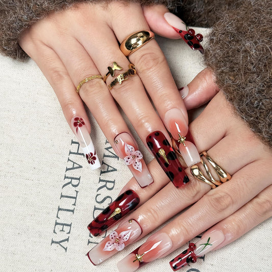 Rouge Sonata 10pcs Press On Nails for Women, Crimson Floral Golden Accent Acrylic UV Gel Wearable Nails, Korean Style Wine Red Gradient Cherry Blossom Fake Nails Set (Dark red, M)