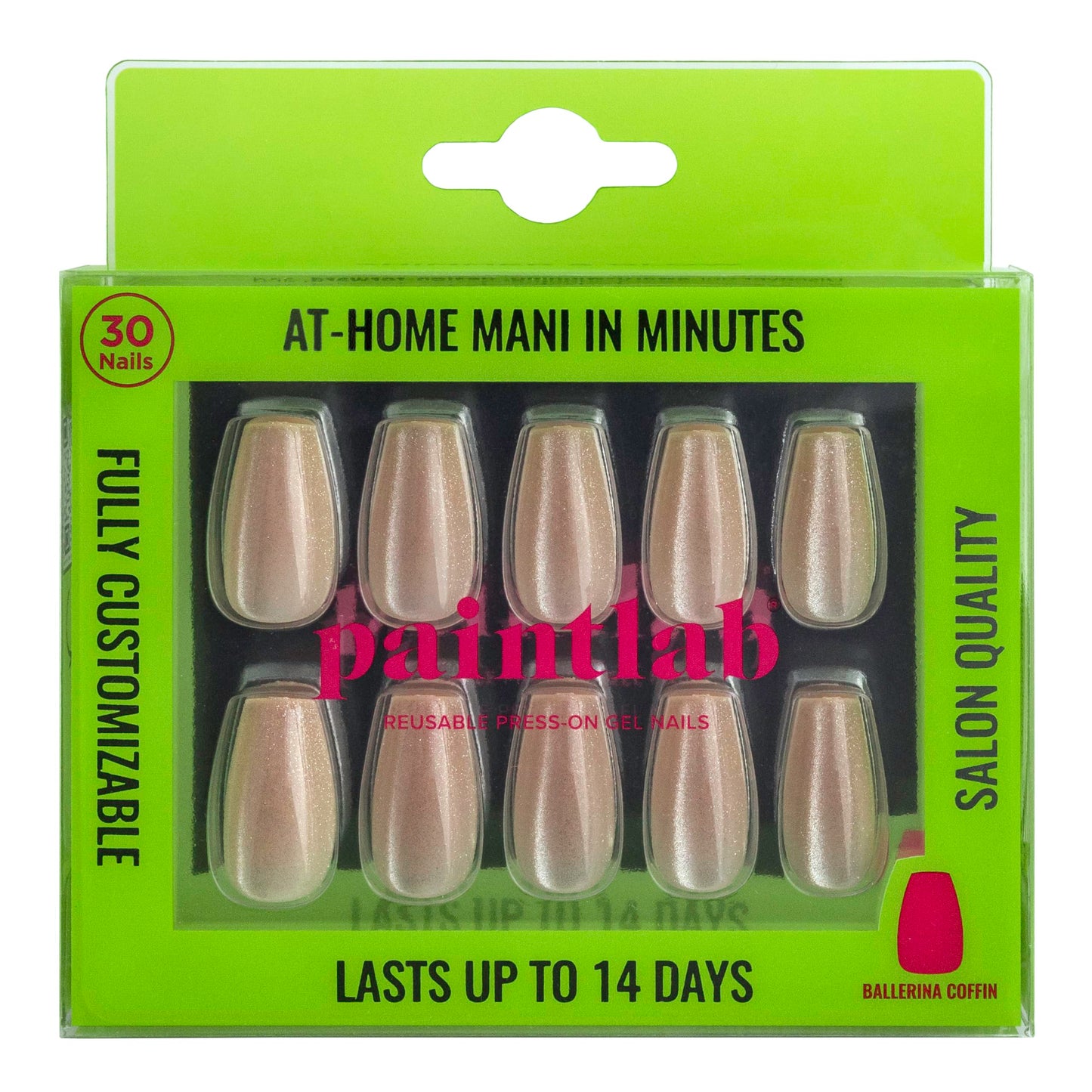 PaintLab Press-On Nails Manicure Kit, Shimmer & Glow Coffin, 30-Piece Set, Long-Lasting Fake Nails with Glue, File, Prep Pad & Cuticle Stick