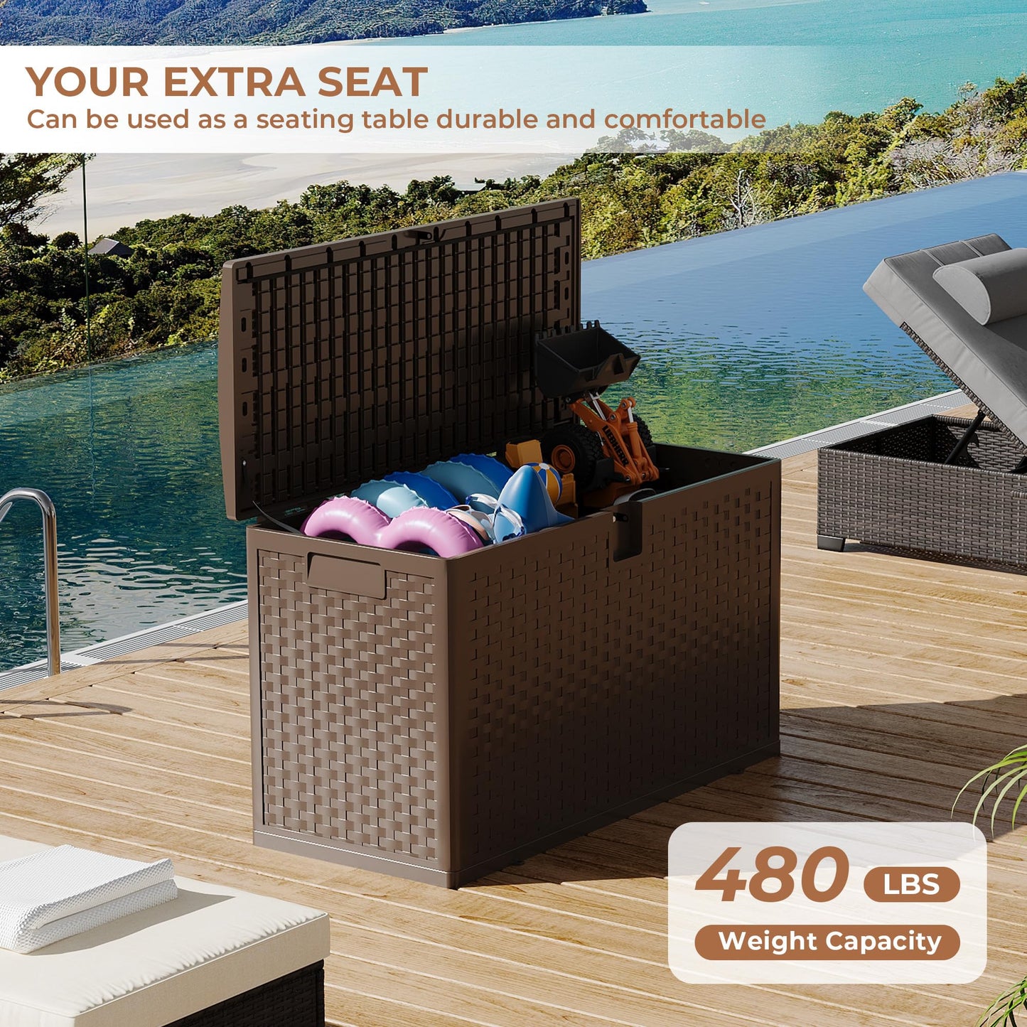 99 gal Brown Resin Deck Box, Outdoor Storage Box Waterproof Lockable, Patio Deck Box For Package Delivery, Outside Storage Box Container for Furniture Cushions, Garden Tools, Pool Accessories