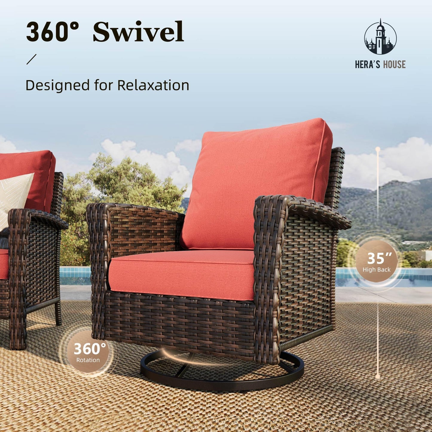 HERA'S HOUSE Red Patio Furniture Set, 6-Piece Outdoor Seating Conversation Sets with High Back Wicker Sofa, Swivel Chairs with 5.5" Thick Cushions, Fire Pit Table & Ottomans for Deck Yard Garden
