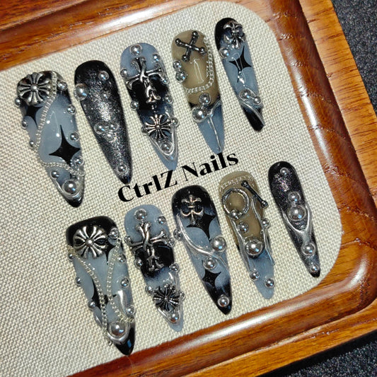 CtrlZ 3D Handmade Luxury Stiletto Press On Nails – Gothic Cross Blue Black Metal Stud Design, Reusable Fake Nails, Size S