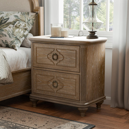 Furniture of America Weile Art Deco Solid Wood 29-inch Nightstand, Bedside Table with USB Ports, Antique Handles and Turn Legs, Wooden Night Stand for Bedroom, Guest Room, Dorm, Rustic Oak