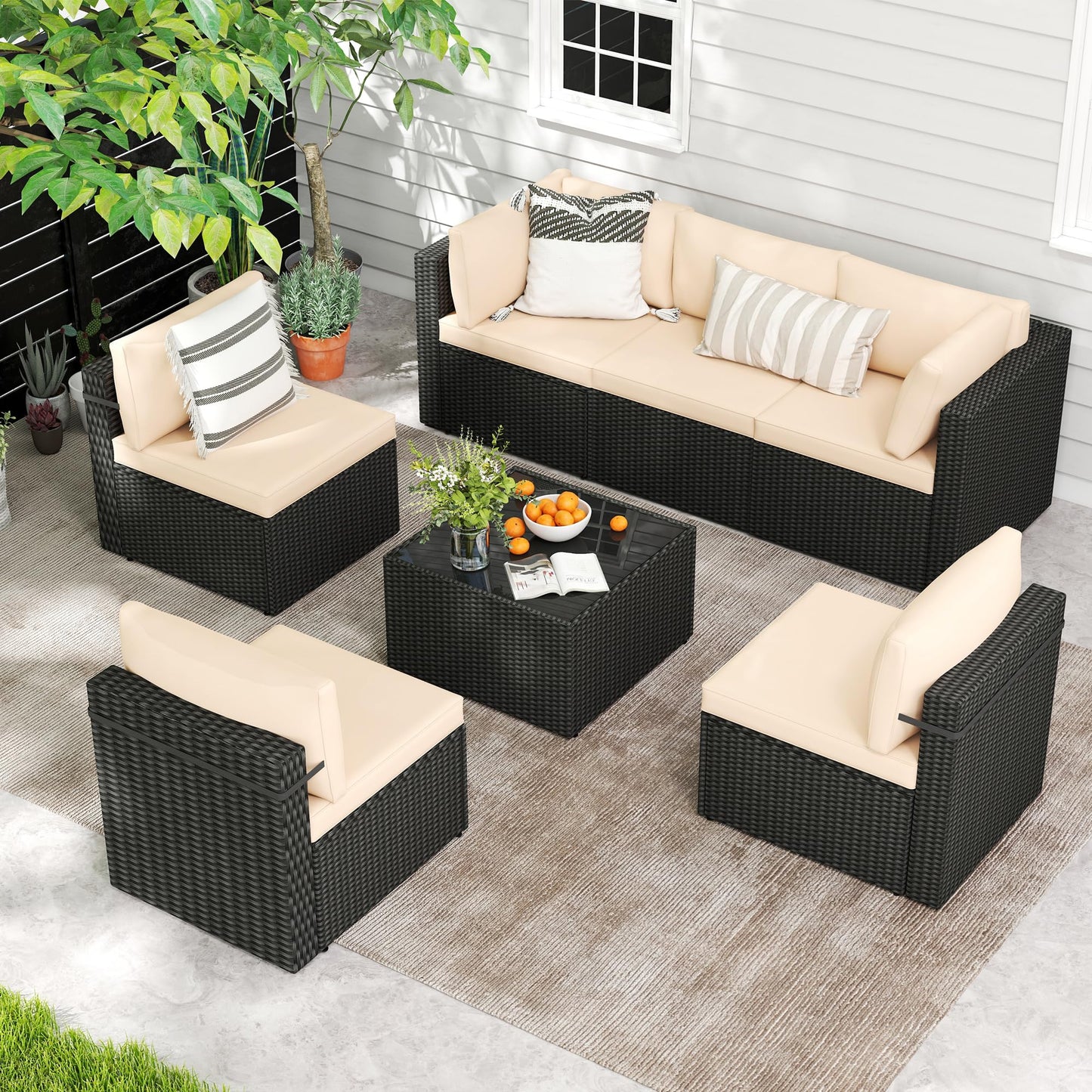 PATIOPIA 7-Piece Outdoor Sectional Sofa Set, Weather-Resistant Patio Furniture Set with Washable Cushions and Coffee Table, Black Rattan Patio Conversation Set for Poolside, Backyard, Deck (Beige)