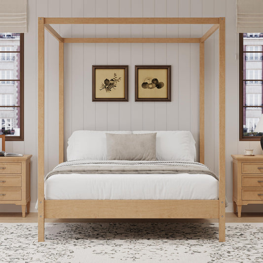 Merax Queen Size Canopy Bed with Four Posters, Wooden Platform Bed Frame & 8.3" Storage Space Under Bed, Solid Wood Slats Support, No Box Spring Needed, Easy Assembly, Natural