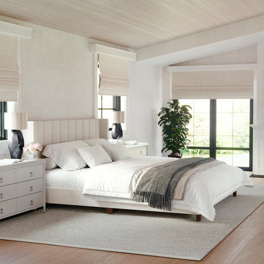 Martha Stewart Kay Low Profile Platform Bed with Wingback Headboard, Channel Stitched Faux Linen Upholstery, No Box Spring Needed, King, Beige
