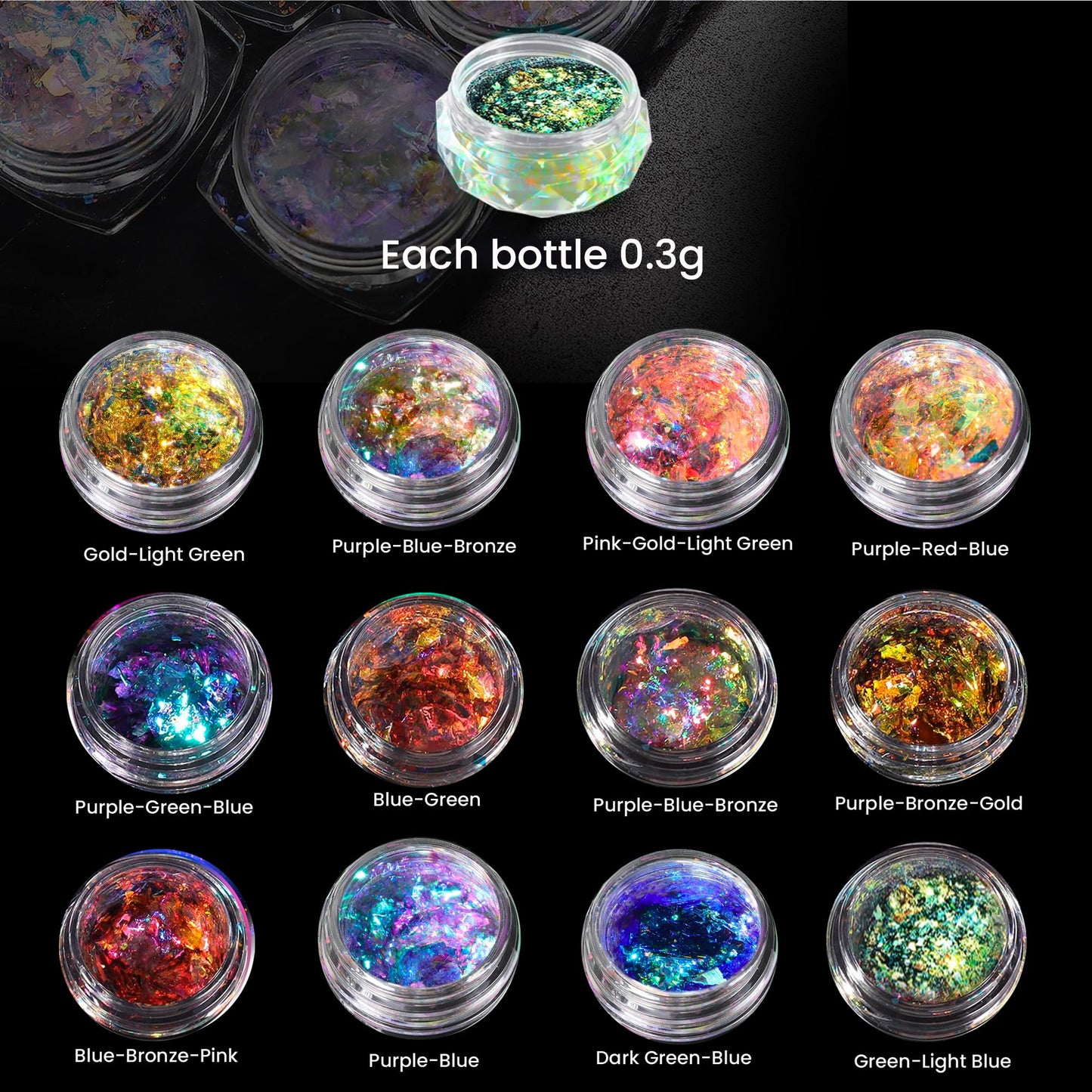 Chameleon Flakes - Chameleon Flakes for Resin - 12 Iridescent Flake - Intense Colorshift Mica Powder Pigment - Chrome Opal Pigments for Tumblers, Molds, Nail Art, Eyeshadow, Paints, Soap Making