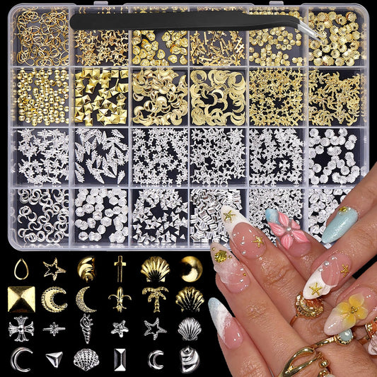 Gold Silver Nail Charms 3D Alloy Flower Nail Gems Metal Moon Star Nail Jewels Multi-Shapes Ocean Beach Starfish Seashell Nail Art Supplies with Tweezer for Women DIY Acrylic Nail 24 Grids 1 Box