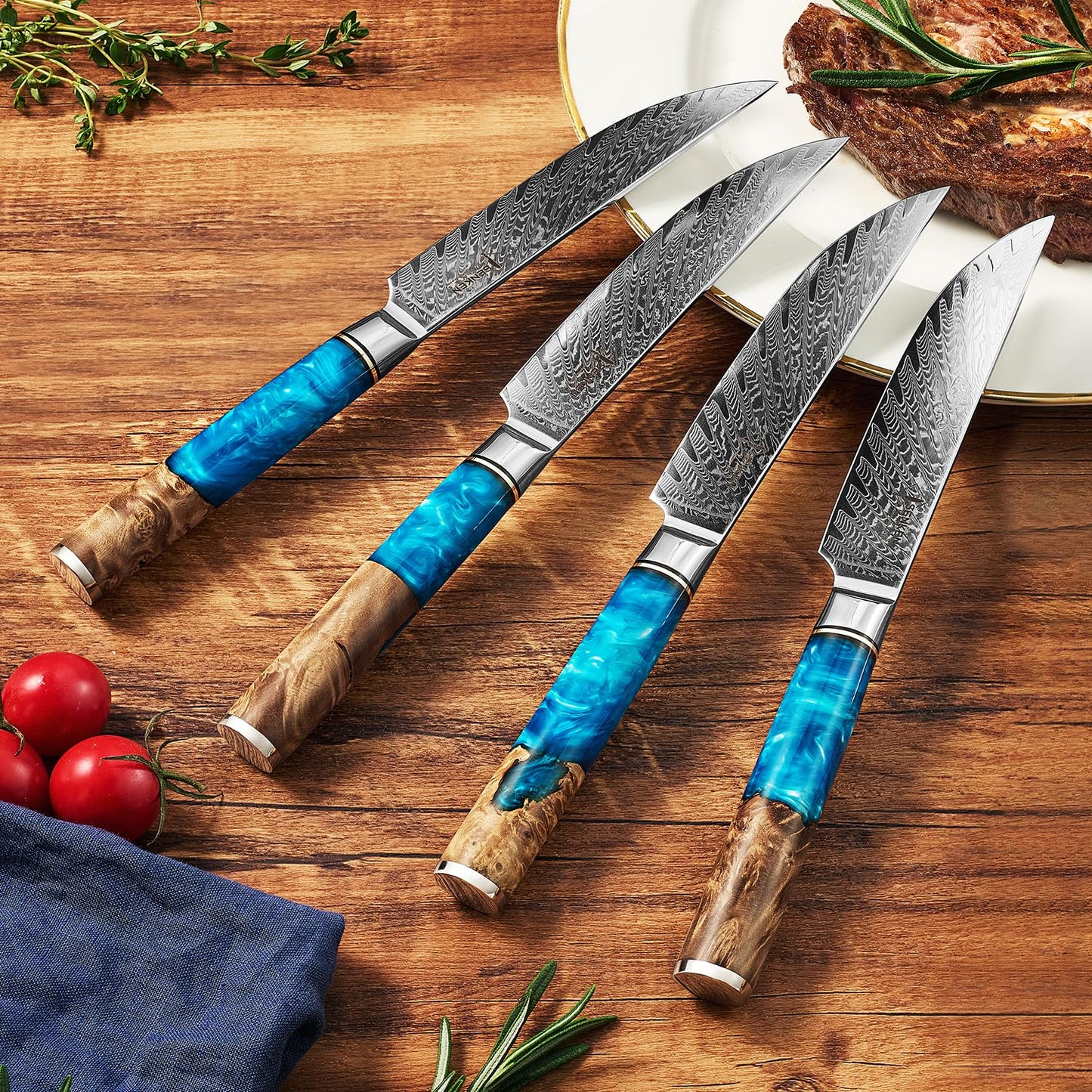 SENKEN Damascus Steak Knife Set - Tsunami Collection - 67-Layer Japanese VG10 Steel - Razor Sharp Non-Serrated Blades, Blue Resin & Natural Wood Pattern Handles, Luxury Gift Box (4 Steak Knife Set)