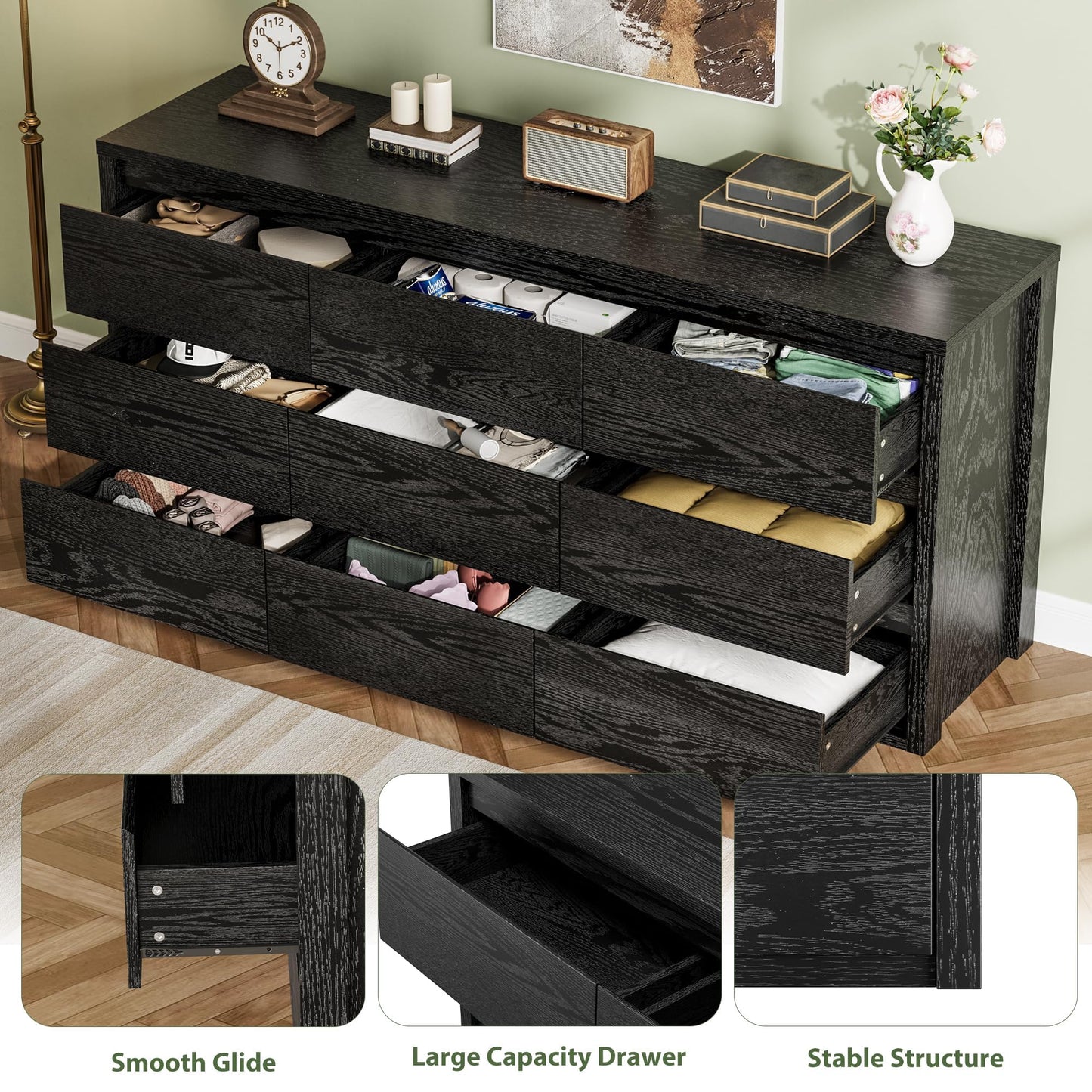 GarveeHome 9 Drawer Dresser for Bedroom, Wide Modern Chest of Drawers, Large Wood Dresser Wooden Storage Organizer for Living Room, Hallway Entryway