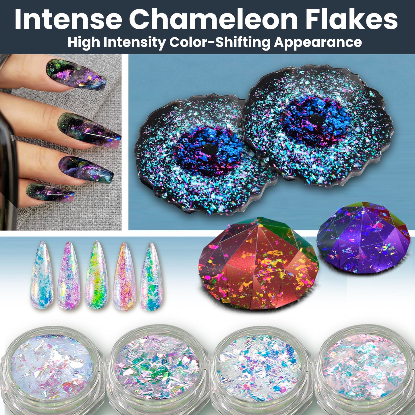 Chameleon Flakes - Chameleon Flakes for Resin - 12 Iridescent Flake - Intense Colorshift Mica Powder Pigment - Chrome Opal Pigments for Tumblers, Molds, Nail Art, Eyeshadow, Paints, Soap Making