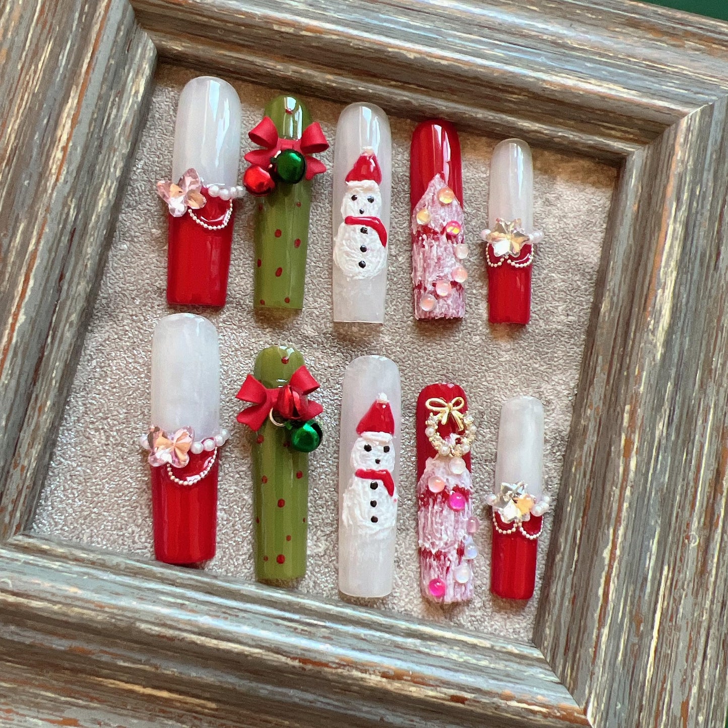 NAIL ANGEL 10PCS/SET Glamorous Handmade Press On Nails Christmas Xmas Holiday Bell Snowflake French Style Long Coffin Nails Party Nails XXL Long Artifical Tips ZJ14 (ZJ14, M)