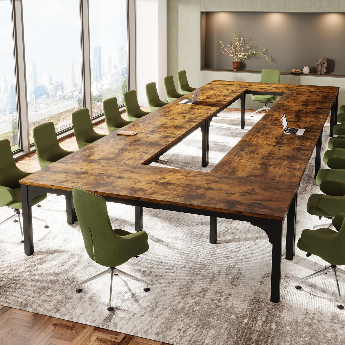 13FT Conference Table, Super Sturdy Large Rectangle Meeting Seminar Table for 16 Person, Long Business Tables, 4 Pcs Brown