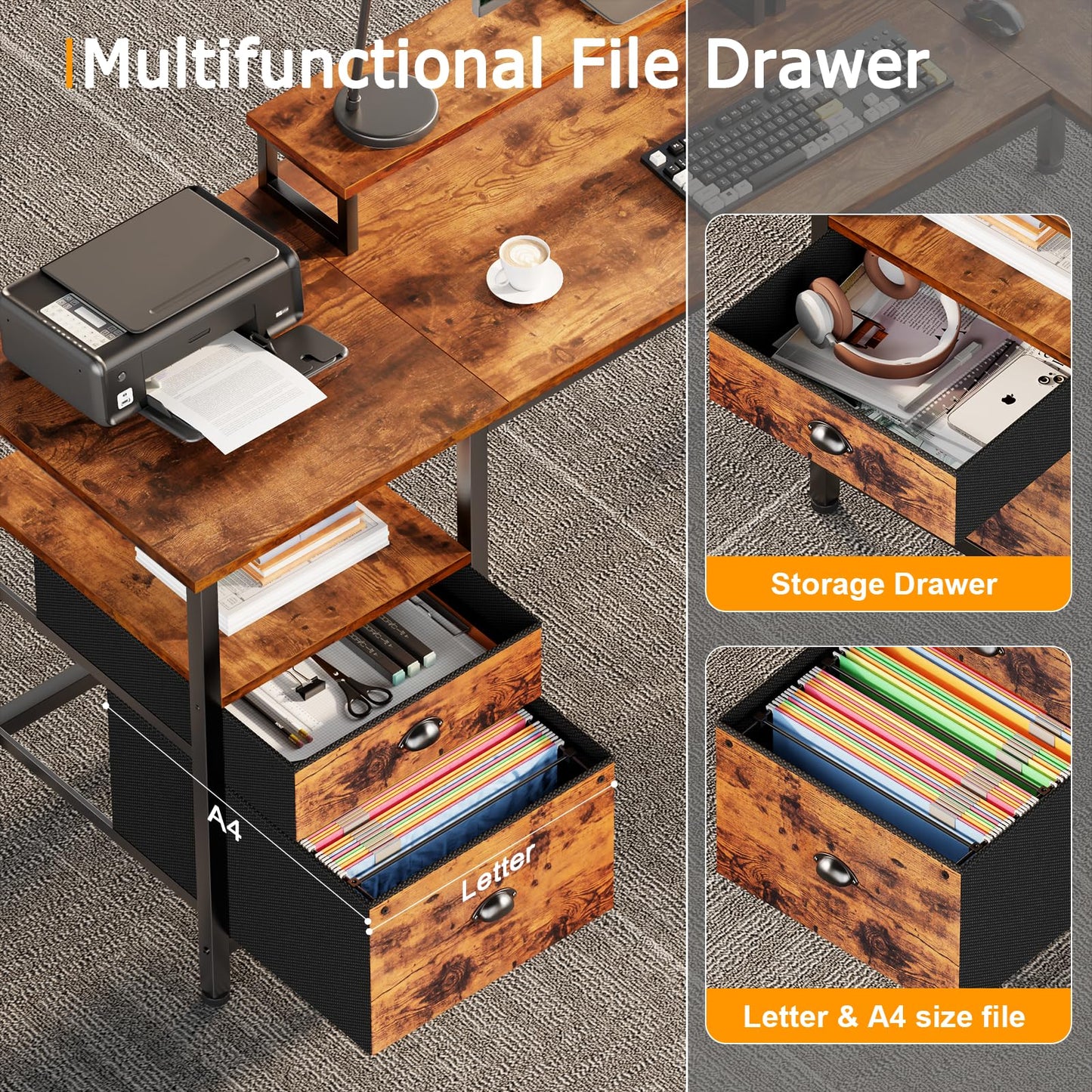 Furologee 66” L Shaped Desk with Power Outlet, Reversible Home Office Desk with File Drawer, 2 Monitor Stands, Storage Shelves, Corner Computer Table for Gaming, Writing, Rustic Brown