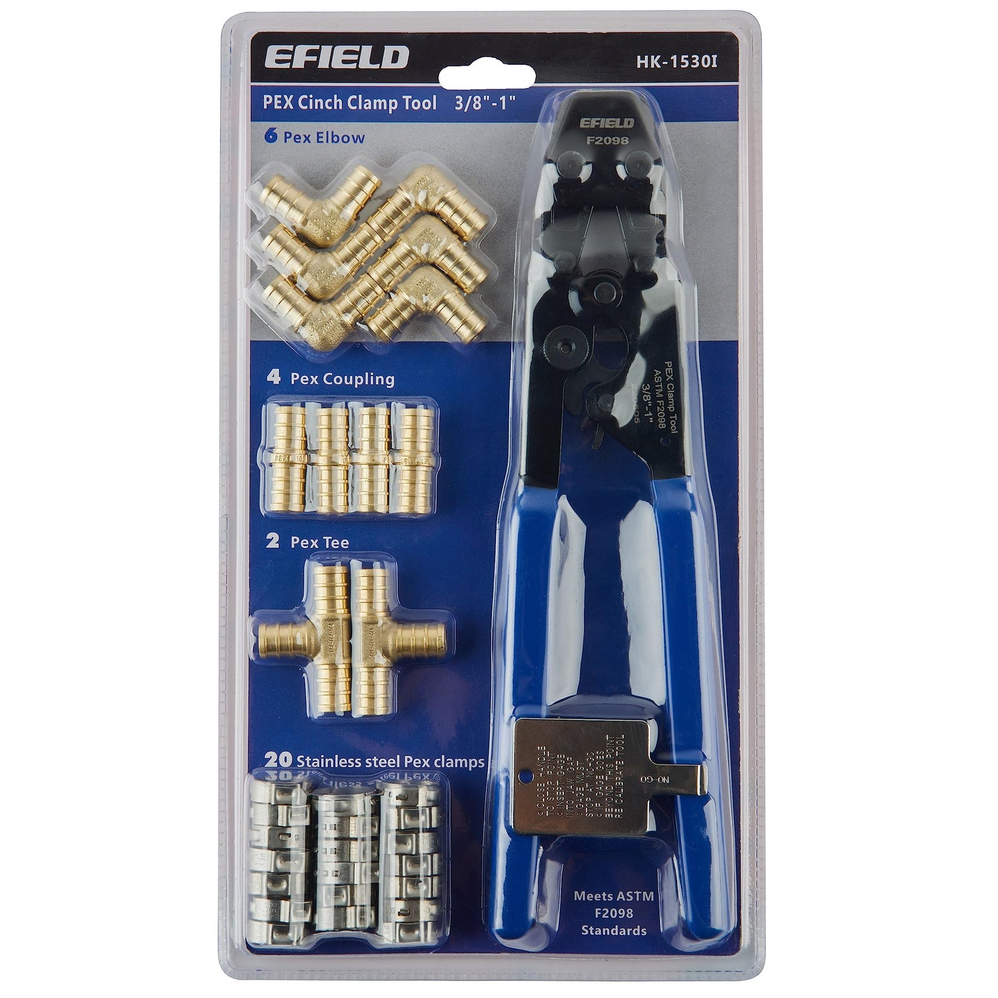 EFIELD 1/2-inch PEX Pipe Plumbing Installation Kit: 1/2-Inch X 200 ft Pex-b Tubing (100 ft Red + 100ft Blue), 12 Pcs Pex Brass Fittings, Cinch Clamp Fastening Tool and 20 Pcs 1/2" Clamps,(AB21530I)