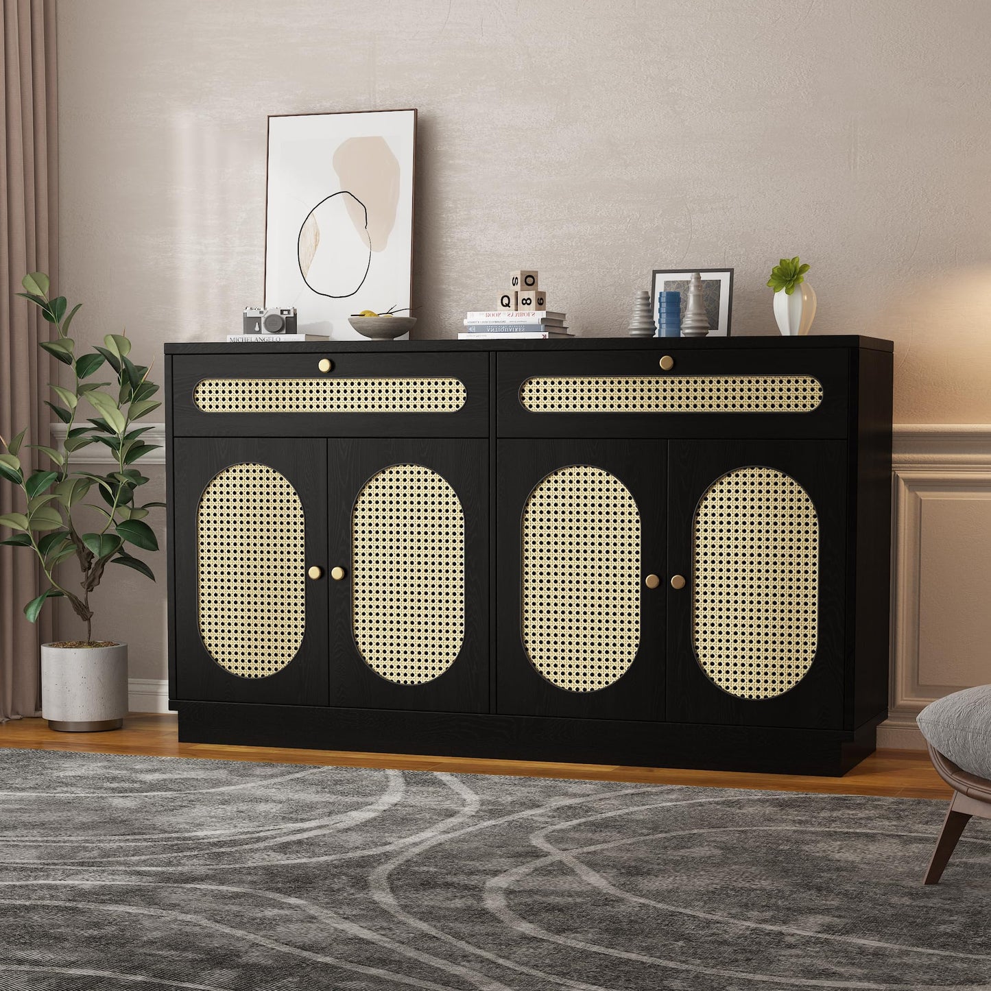 GarveeHome Buffet Sideboard, 60'' Sideboard Cabinet with 2 Drawers and 4 Rattan Doors, Rattan Sideboard with Adjustable Shelves, Black