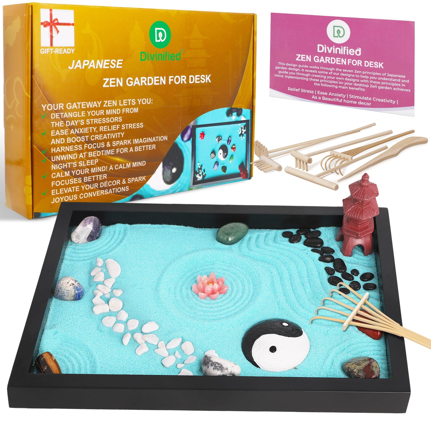 D DIVINIFIED Zen Garden for Desk, Sand Tray Therapy Kit, Therapy Office Decor, 11x8-11 Japanese Desktop Zen Garden Accessories and Meditation Accessories for Home and Office Relaxation