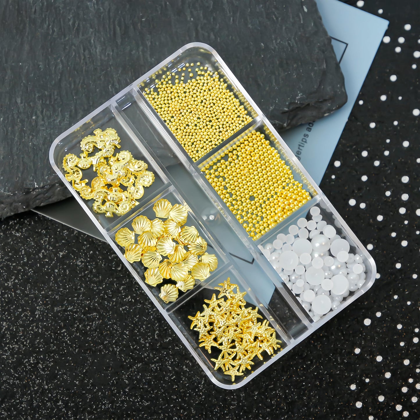 SHUXILIN 2Boxes Summer Steel Studs Metal Pearls Nail Gems Charms Metal Small Seashell Starfish Alloy Seahorse Nail Rhinestones Charms for Acrylic Nail Art Marine Theme Nail Supplies for Women Manicure