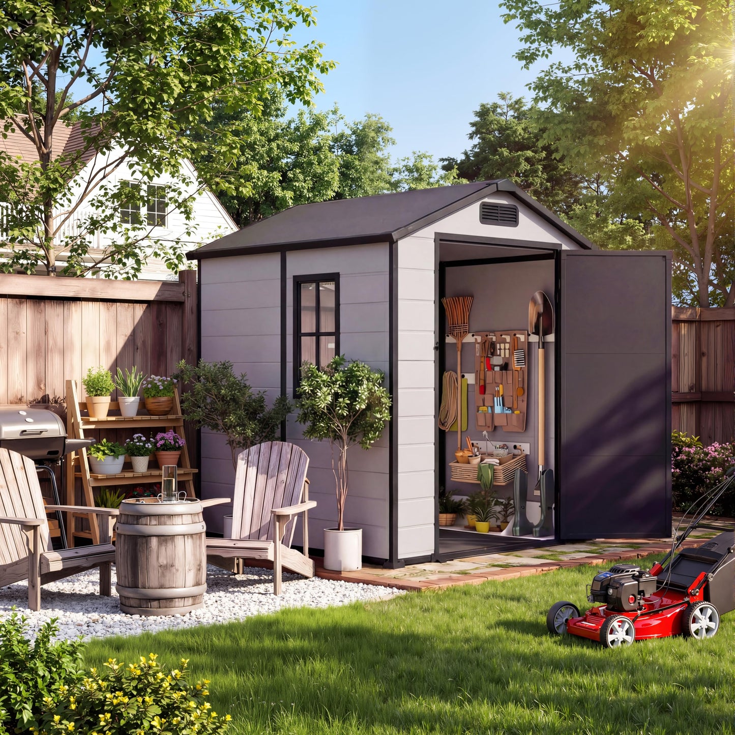 Plastic Outdoor Storage Shed with Floor & Window, 4x6 ft Resin Garden Shed for Patio, Lawn Mower, Bike & Tool, Waterproof Outdoor Storage with Lockable Door & 2 Vents & Sloped Roof for Backyard