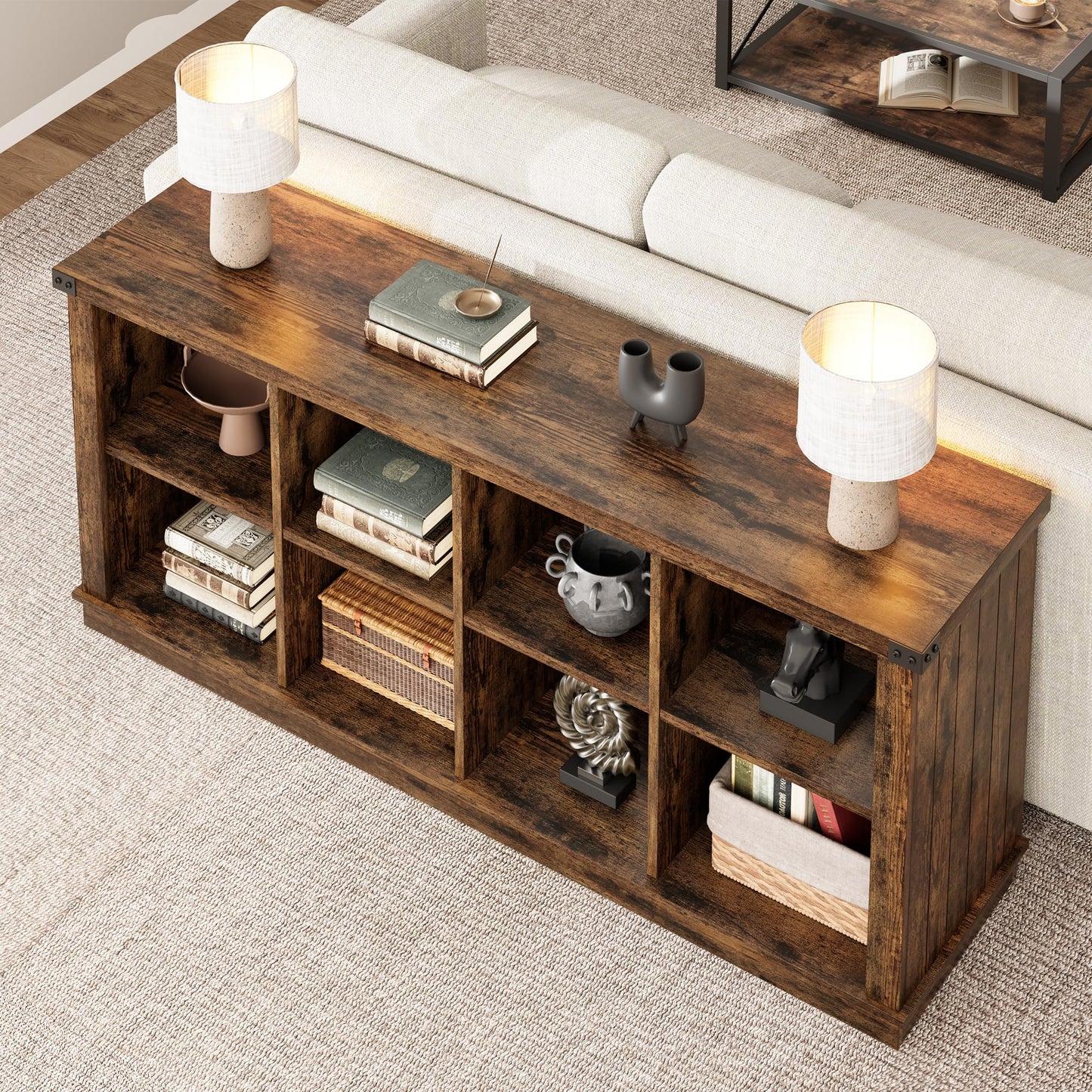 Garvee 8 Cube Book Shelf, Rustic Farmhouse Wood Horizontal Bookshelf, Long Freestanding Bookcase Cabinet, 2-Tier Storage Organizer for Living Room, Entryway, Office, Retro Brown
