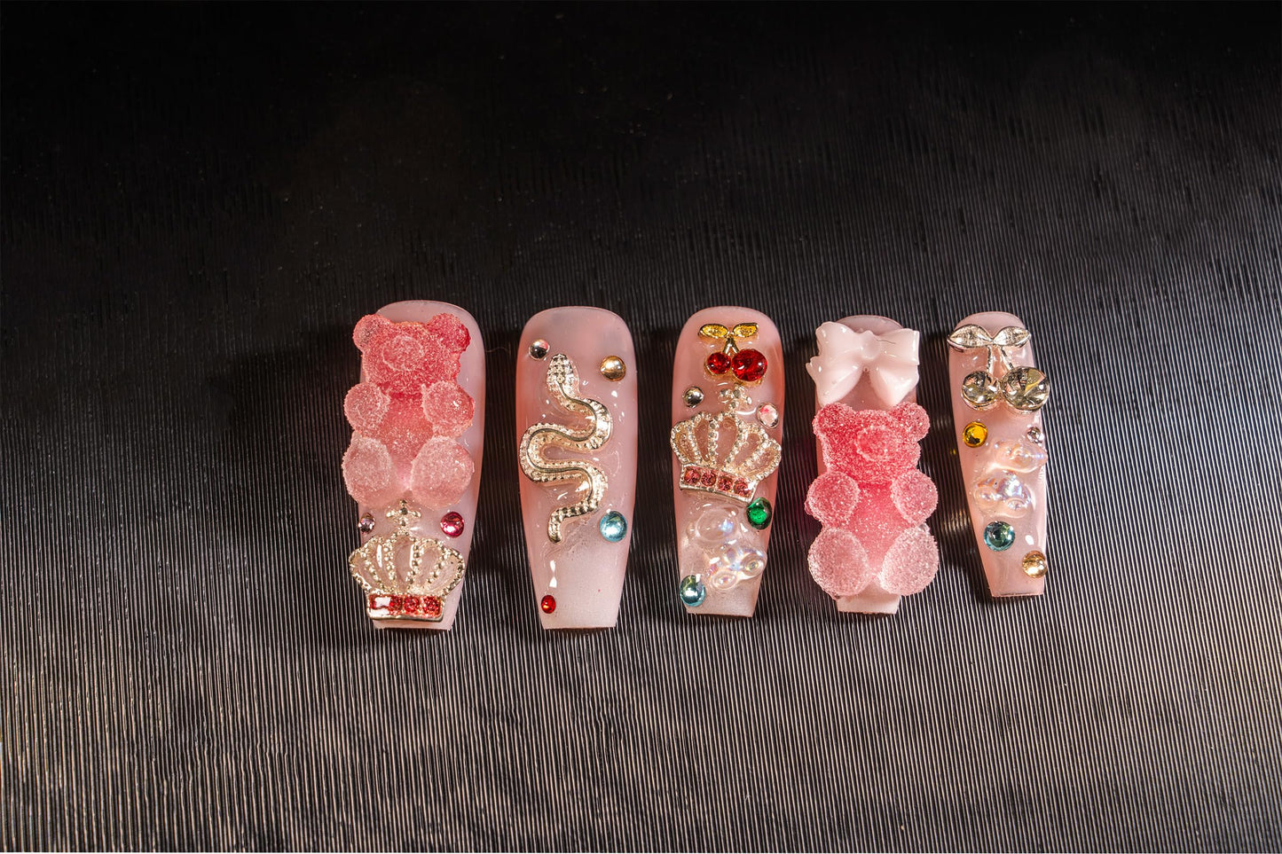 24Pcs Handmade Press on Nails, 3D Pink Long Length Square Fake Nails, Cute Manicure Kit with Full Covered Crystals for Women and Girls to Wear Daily