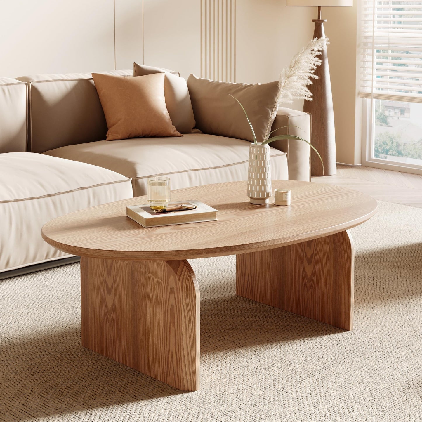 Honyee Modern Oval Coffee Table, Small Coffee Tables for Living Room - Oak Wood Top with Solid Legs, Wooden Center Table Easy Assembly for Living Room &Bedroom,Office, Natural