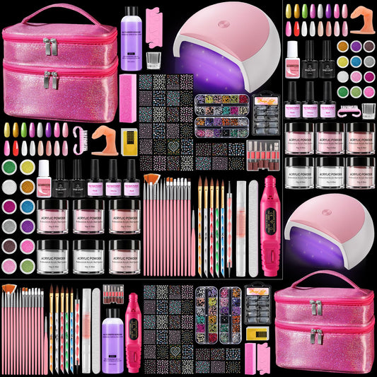 Nail Kit for Beginners with Everything: Professional Acrylic Powder Liquid Set with Drill U V Light Practice Finger in Cosmetic Bag for Women Salon Home (Double-Layer Pink)