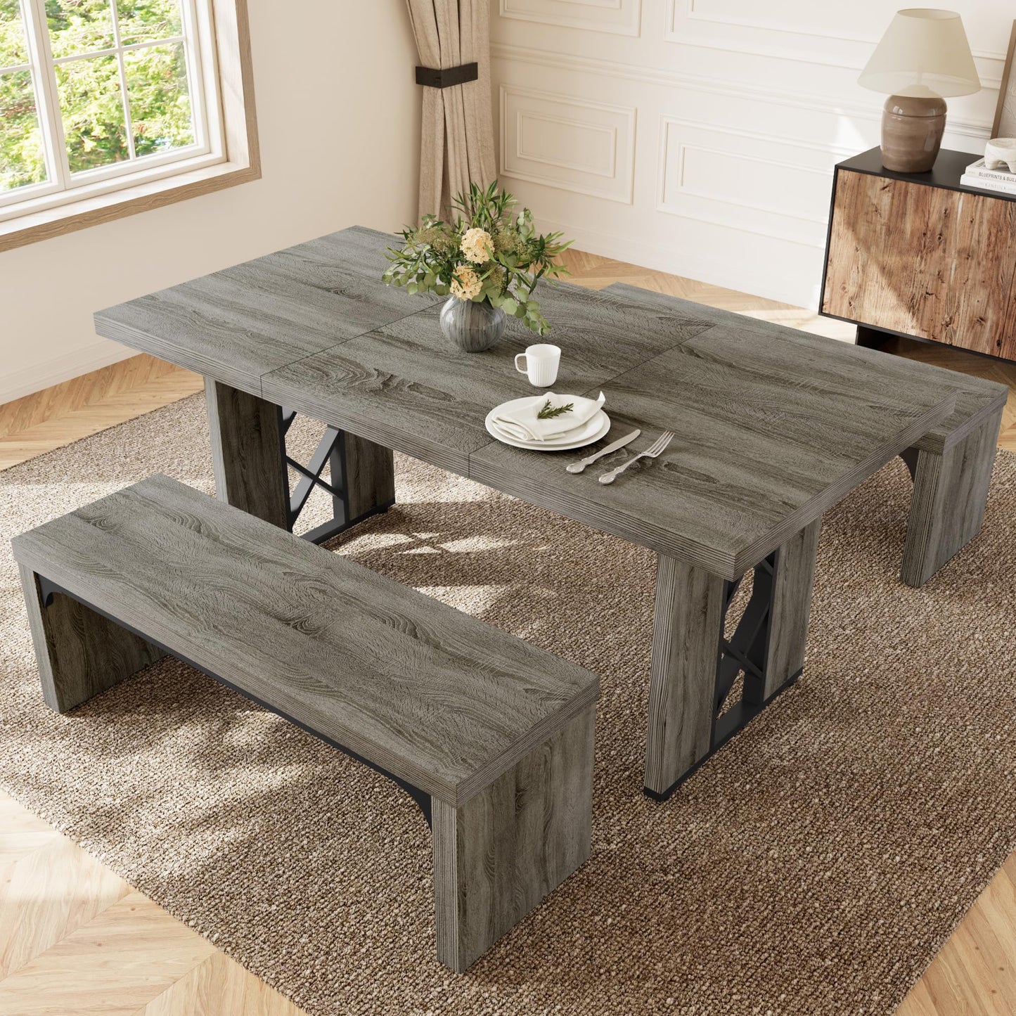 HIPIHOM 3-Piece Dining Table Set for 6 People, 70.8'' Rectangle Kitchen Table with 2 Benches for Breakfast Nook, Dining Room Furniture(Grey Table+2 Benches)