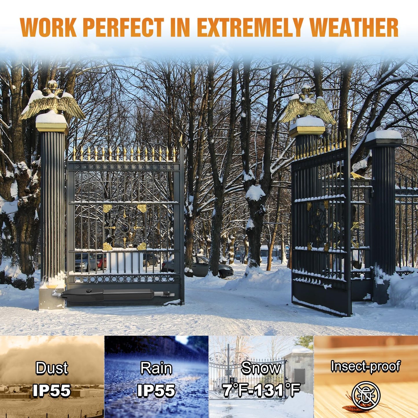 JUJIANG Automatic Gate Opener with Remote Complete Kit for Swing Gate Up to 770lb 16FT per Arm, Electric Gate Opener Medium Duty Dual Swing Gate Opener Automatic Gate Motor 60W AC Powered PKM-C026