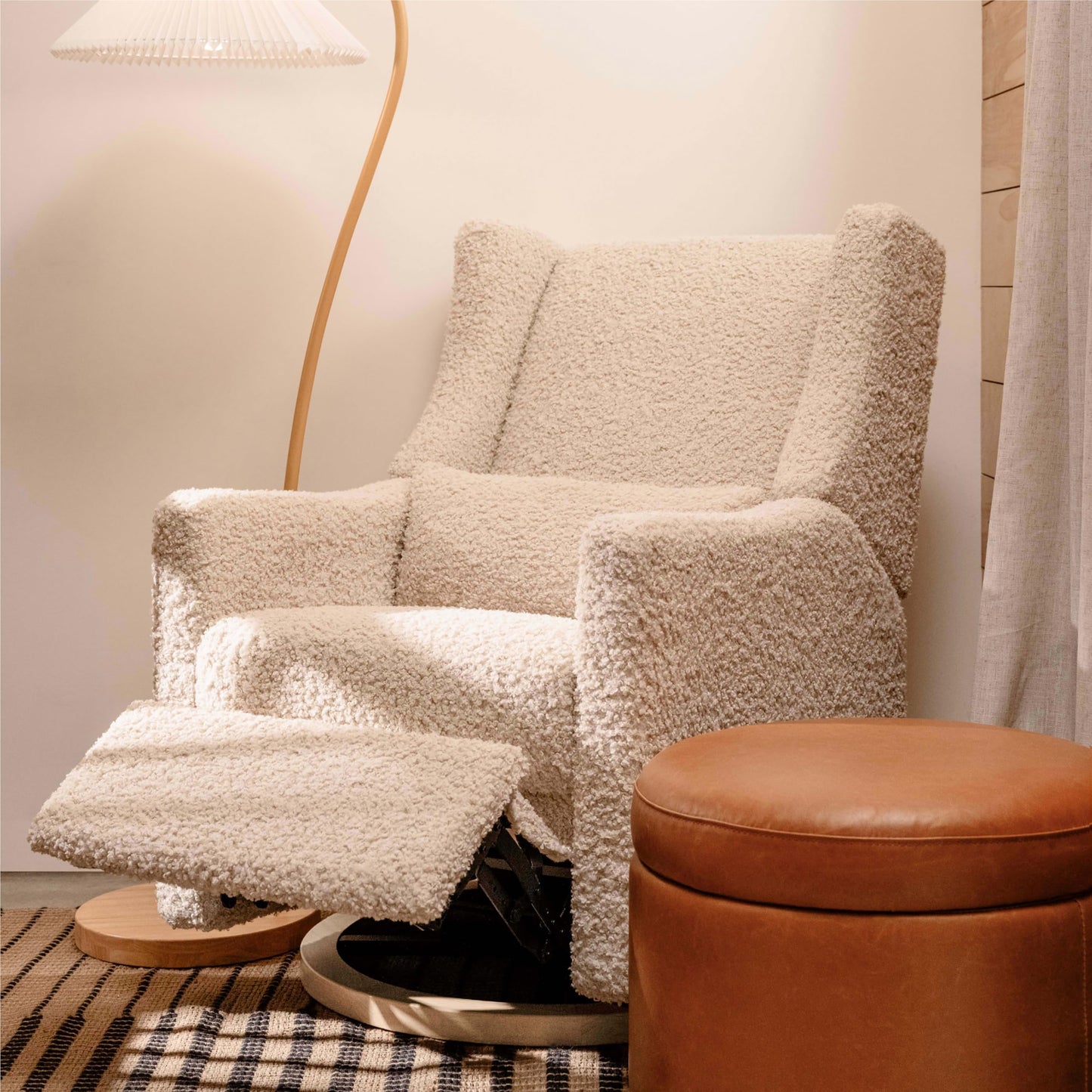 Babyletto Kiwi Glider Recliner Nursery Chair w/USB Ports - GREENGUARD Gold Certified - Water & Stain Resistant Glider Rocking Chair - Electronic, 270° Swivel, Almond Teddy Loop w/Light Wood Base