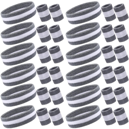Eurzom 36 Pcs Neon Sports Sweatbands Set Include 12 Striped Sweat Absorbing Headbands 24 Wrist Sweatbands Cotton Wristbands for Men Women Gym Tennis(Grey, White)
