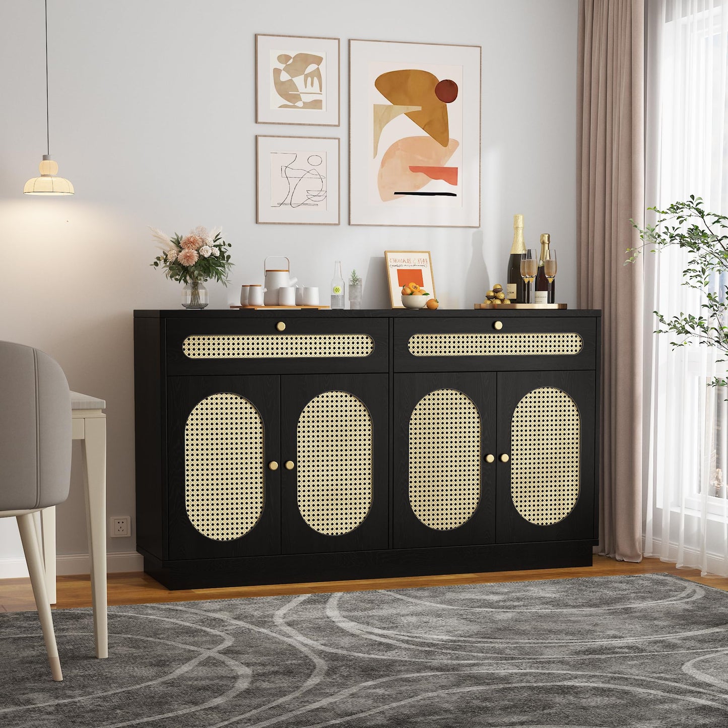 GarveeHome Buffet Sideboard, 60'' Sideboard Cabinet with 2 Drawers and 4 Rattan Doors, Rattan Sideboard with Adjustable Shelves, Black