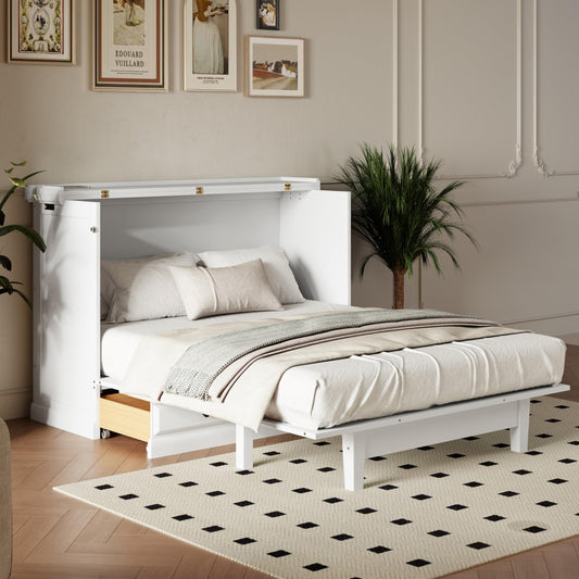 YOPTO Murphy Bed Cabinet Full Size with Charging Station and Large Storage Drawer,Pine Wood Folding Wall Bed Frame,Space Saving,Easy Assembly,Hidden Platform Bed for Home Office or Small Room,White