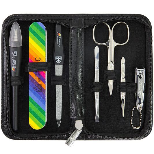 3 Swords Germany - Brand Quality 7-Piece Manicure kit with Rainbow Nail Buffer and Many More Tools in Black Artificial Leather case