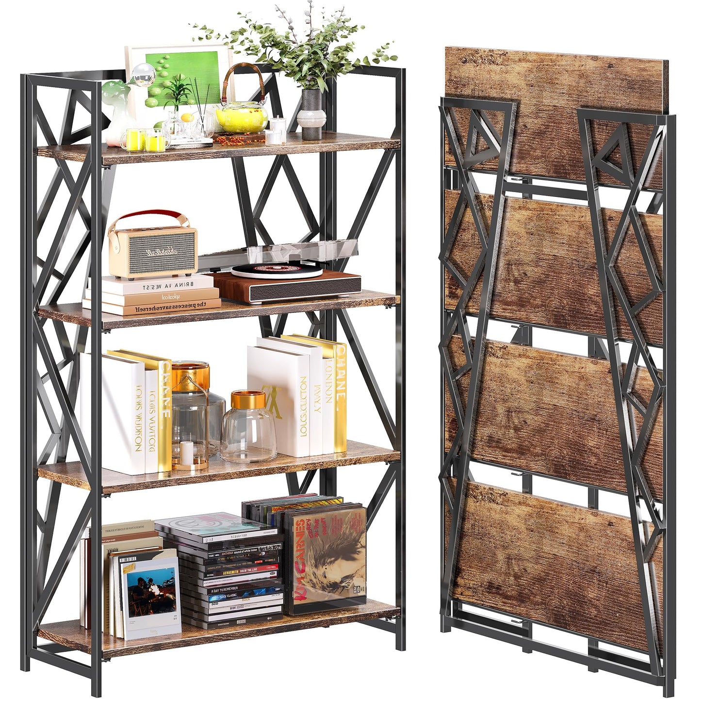UDD No Assembly Wide Folding Bookshelf, 50.8" H x 30.9" W, 4 Tier Foldable Book Shelf Industrial Bookcase, Vintage Collapsible Storage Shelves for Home Office Living Room Bedroom, Rustic Brown Black