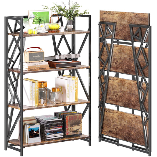 UDD No Assembly Wide Folding Bookshelf, 50.8" H x 30.9" W, 4 Tier Foldable Book Shelf Industrial Bookcase, Vintage Collapsible Storage Shelves for Home Office Living Room Bedroom, Rustic Brown Black