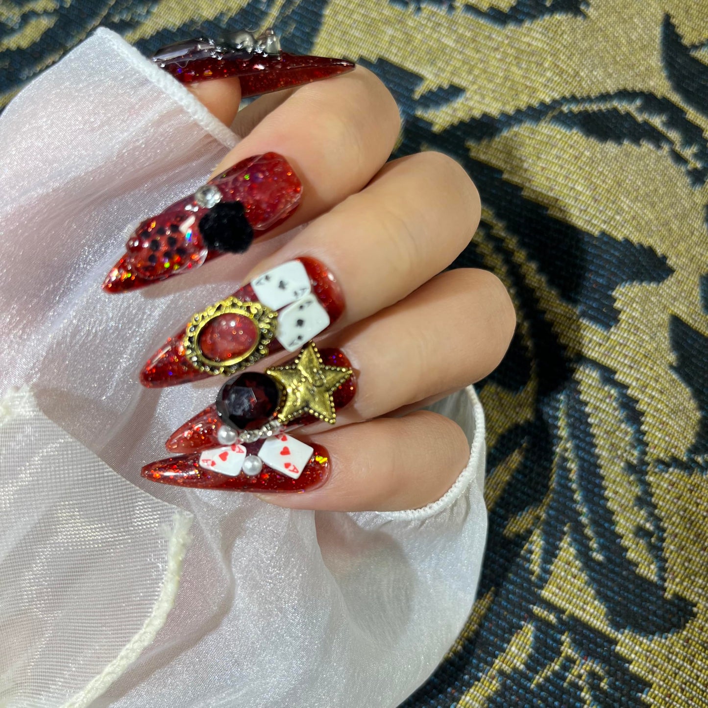 Mystery Box Random 4Pack(40Pcs) Handmade Nails Manual Press on Nails Poker Playing Pard Nails Manicure Charms Nails Art Nail Kit for Women Party Holiday Photo Wedding 30mm Long Size M