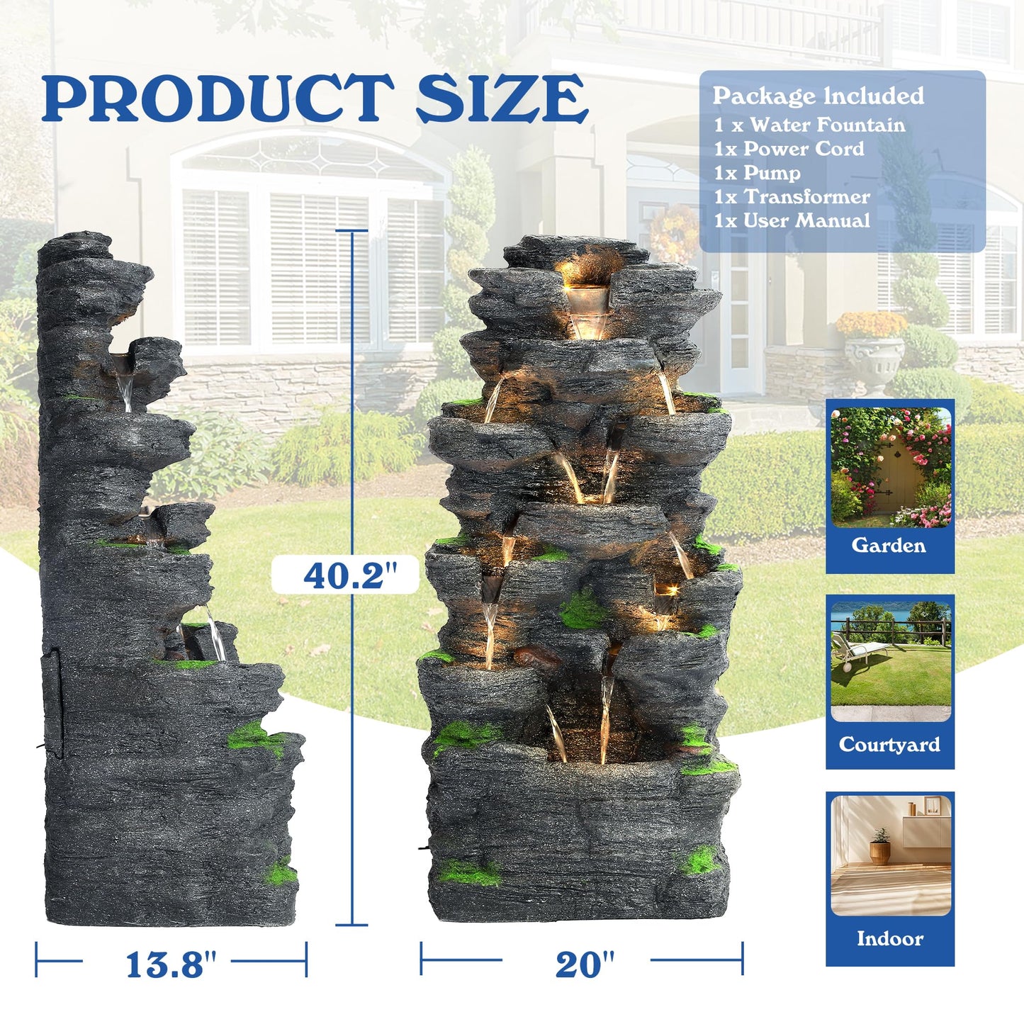 TOBYUL Garden Waterfall Fountain Outdoor - Water Fountains and Waterfalls, Outdoor/Indoor Floor Standing Resin Water Fountain with LED Light for Patio, Garden and Backyard, Deck, Porch, Home (40" H)