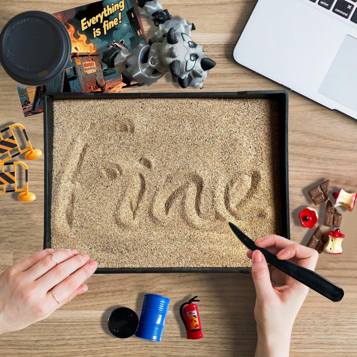 Threeheng Dumpster Fire Zen Garden Desk Set - Trash Can & Raccoon Figurines Sand Tray Therapy Kit, Stress Relief Accessories for Office Gifts