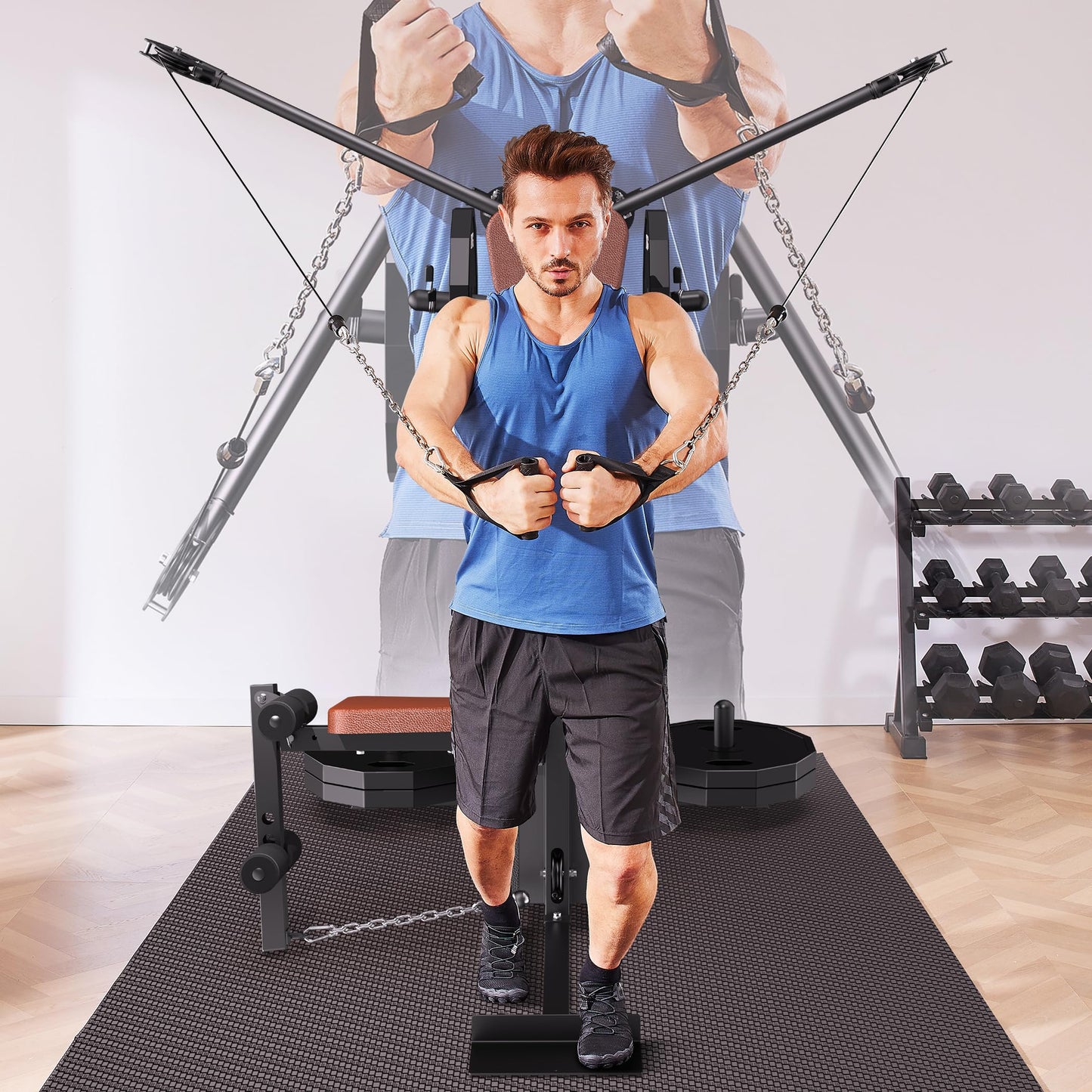Multi Functional Home Gym Machine, All in One Compact Fitness Station with Pulley System for Shoulder, Leg, LAT Pulldown and Rowing, Space Saving Plate Loaded Strength Training Equipment