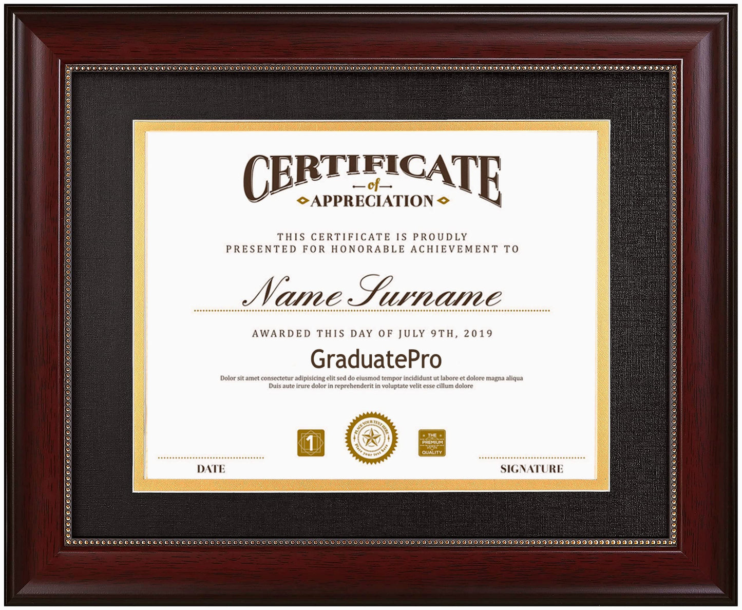 GraduatePro 8.5x11 Diploma Frame with Black Over Gold Mat or Display 11x14 Document without Mat, CPA License Frame, UV Protection Acrylic, Mahogany with Gold Beads