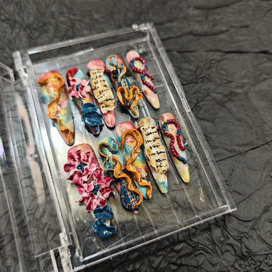 10Pcs(1Pack) Handmade Nails Press On Nails Long Stiletto 35mm Muse Sonata 3D Sculpted Ribbon Beads Music Note Art Luxury Fake Nails Reusable Acrylic Stick On Nails for Women Holiday Daily Wear Size M