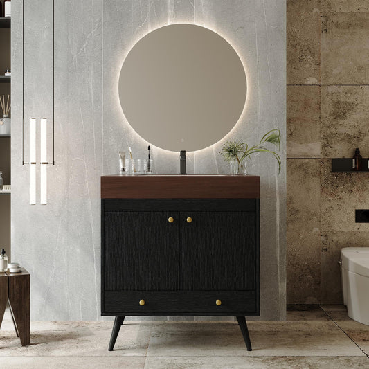 KEIKI 30 Inch Freestanding Bathroom Vanity with Sink, Retro Storage Cabinet with Double Door and Drawer, Waterproof Wood Panel, Faux Marble Top & Ceramic Basin Combo Set, Black & Walnut