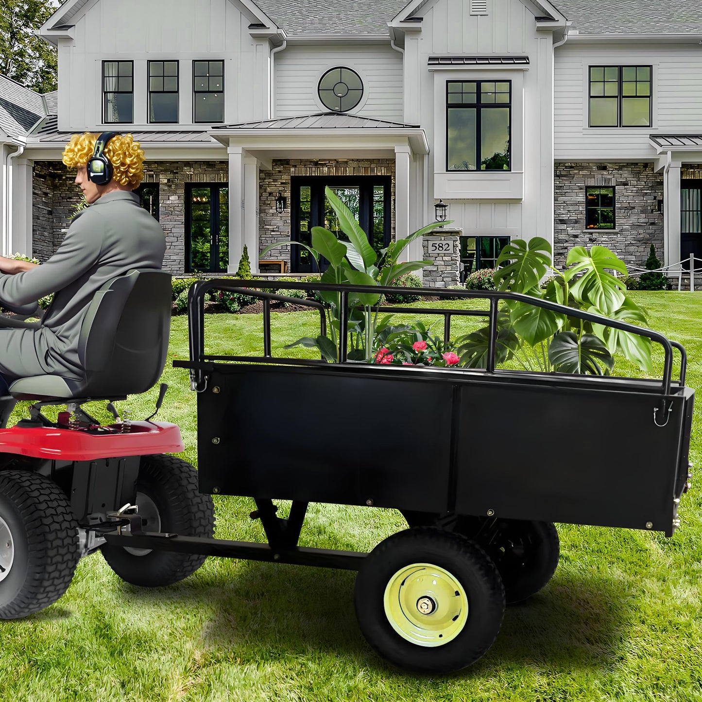 GarveeLife Utility Trailer, ATV Steel Garden Trailer, 750 LBS 15 Cu.Ft. with Removable Sides, Pneumatic Tires and Quick Dump Pull Back, Heavy Duty Lawn Mower Trailers for Lawn Mowers, Tractors, Farm
