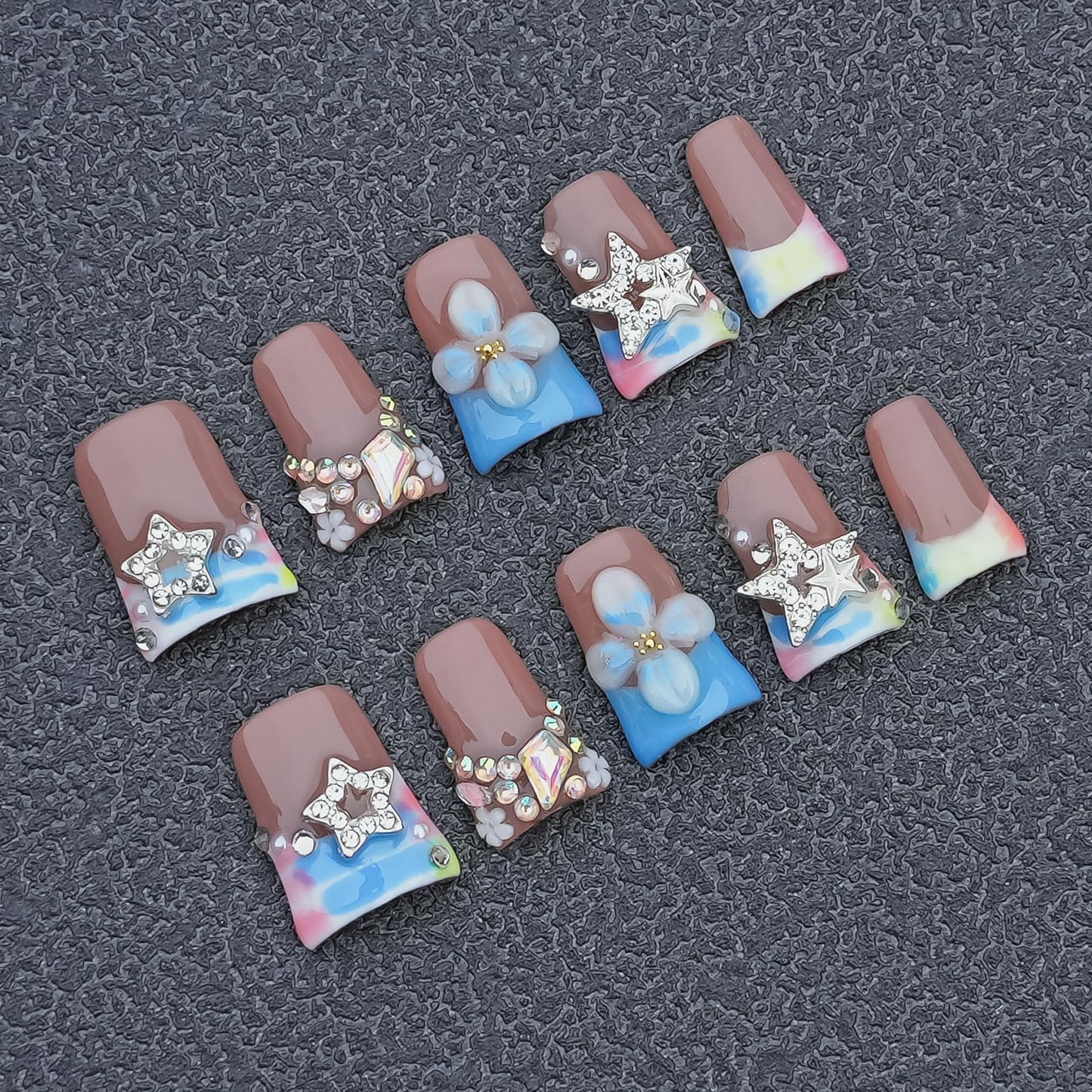 Tesytto Press on Nails Duck Shape 3D Floral Metallic Star Design Luxury Thick Acrylic Fake Nails Rhinestones Petal Flower French Tip Blue False Nails (Pastel Pink-Blue Stellar,M)